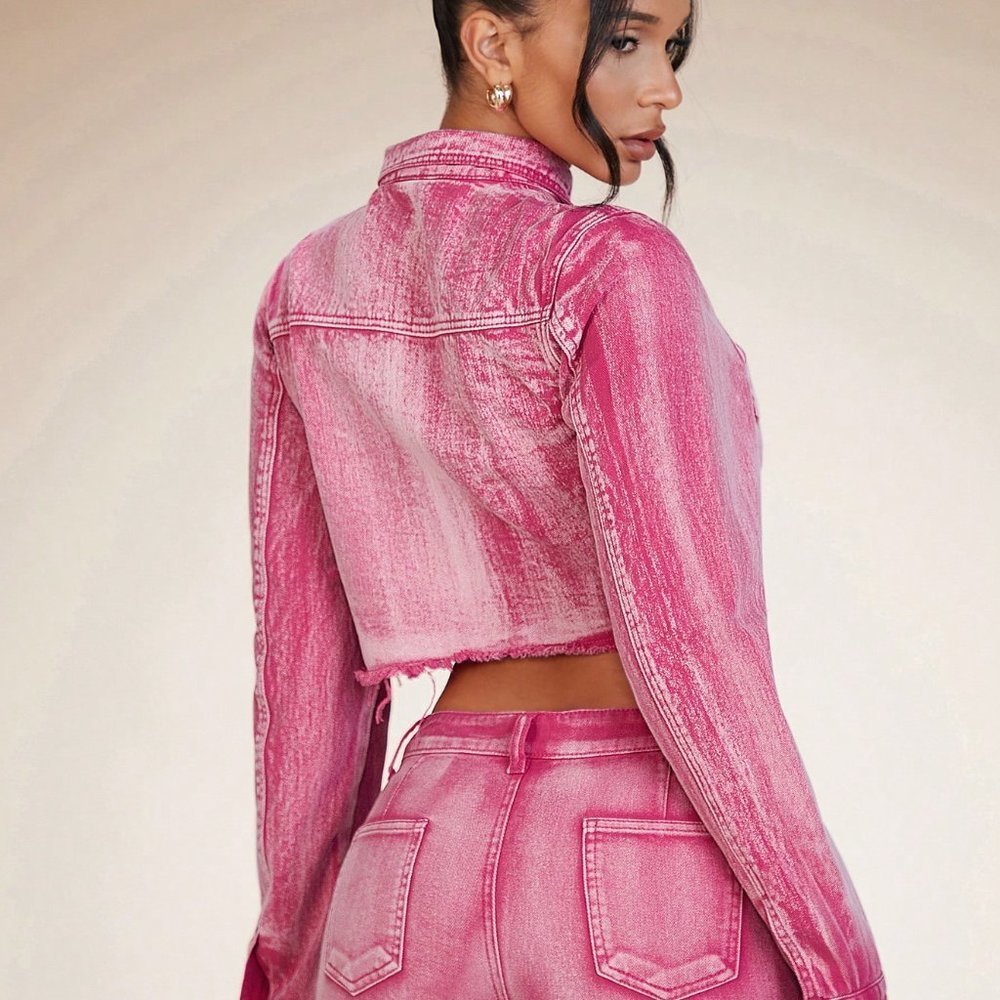 Pink Casual Womens Pocket Patched Crop Denim Jacket Without Bra - Picture 3 of 6